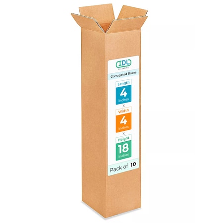 Idl Packaging 4 in x 4 in x 18 in Shipping Box, Kraft, Corrugate, Single Wall, 200#, 10 PK B-4418-10